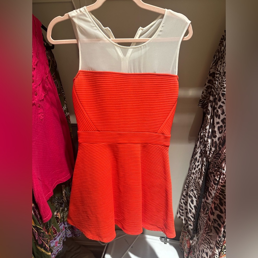 Sandro coral Sleeveless Flare Dress with White Mesh Yoke